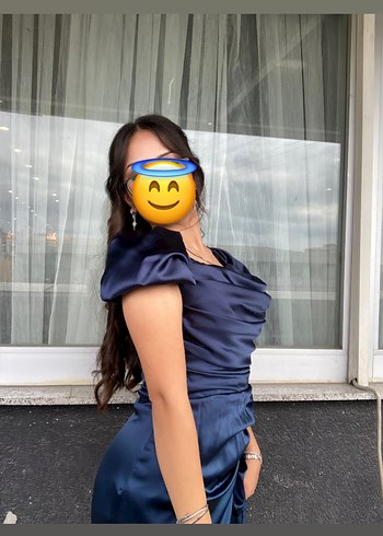 s Beden lacivert Renk Lacivert Saten Drapeli Uzun Abiye Elbise