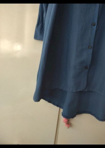 Mavi yumuşacık Düğmeli Uzun Kollu Gömlek Elbise - Görsel 4