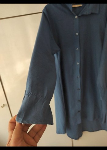 Mavi yumuşacık Düğmeli Uzun Kollu Gömlek Elbise - Görsel 2