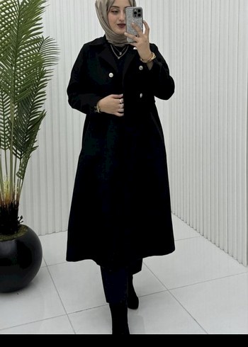 Siyah Kadın Uzun Düğmeli kaşe kaban - Görsel 2
