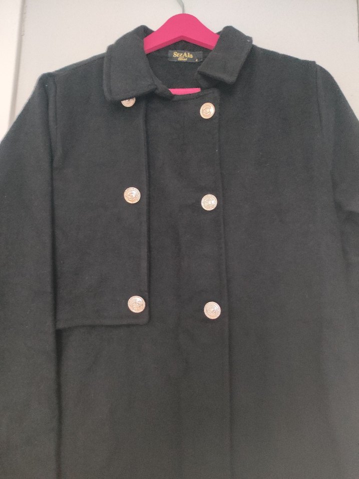 Siyah Kadın Uzun Düğmeli kaşe kaban - Görsel 5