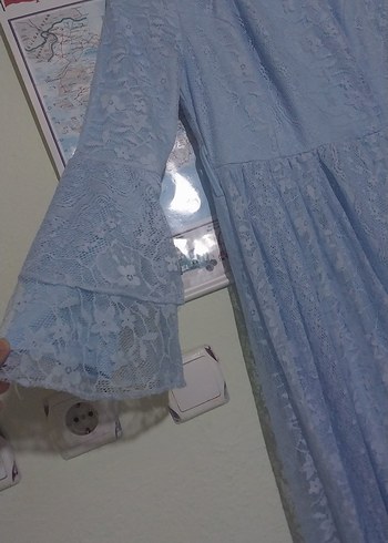 Dantel Detaylı Mavi Bohem Uzun Elbise