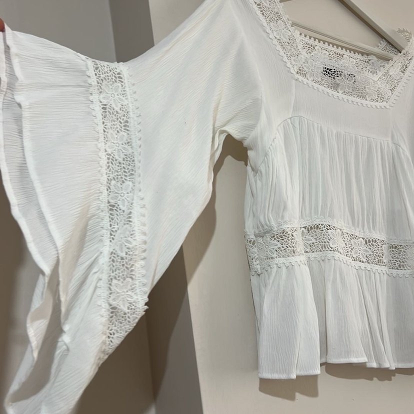 Pamuklu Beyaz Bohem Uzun Kollu Bluz - Görsel 2