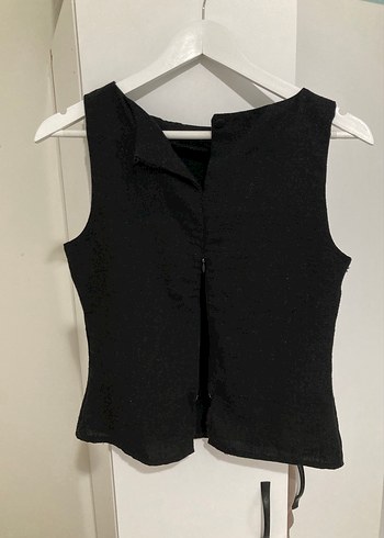 Siyah Keten V Yaka Kolsuz Kadın bluz - Görsel 3