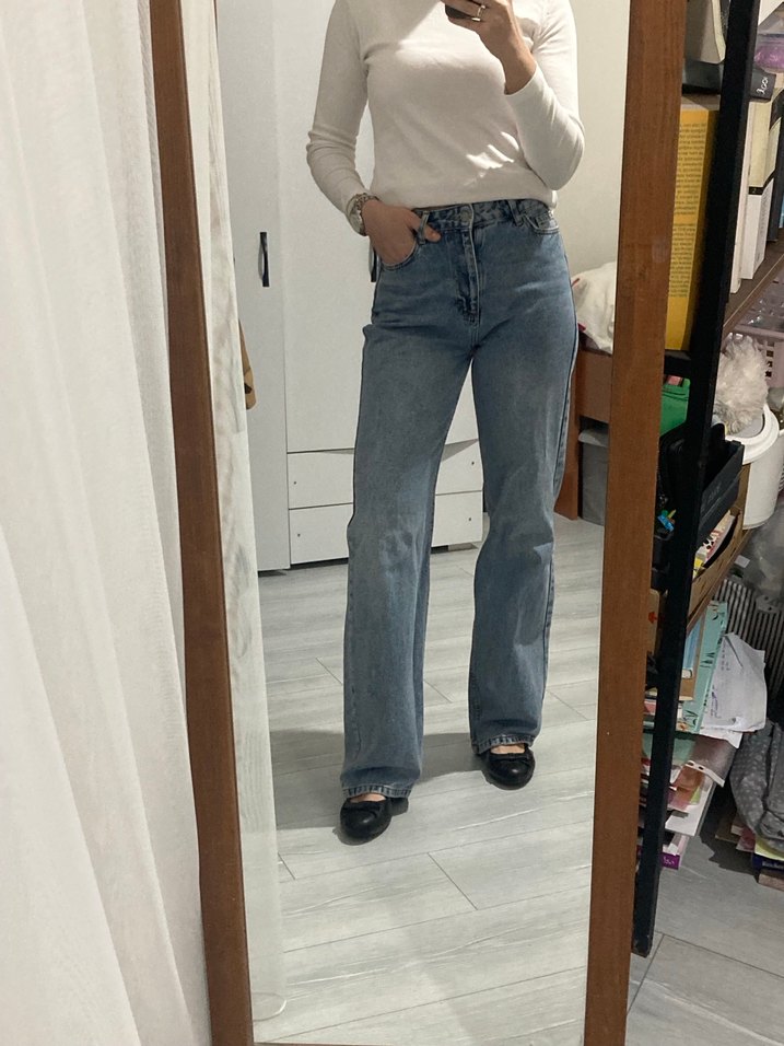 Rahat Kesim Beyaz Midi Boy Kadın Kot Pantolon - Görsel 4