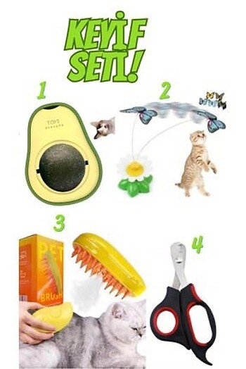 KEDİ KEYİF SETİ TIRNAK MAKASI KEDİ ÇİMİ BUHARLI TARAK KEDİ KELEB