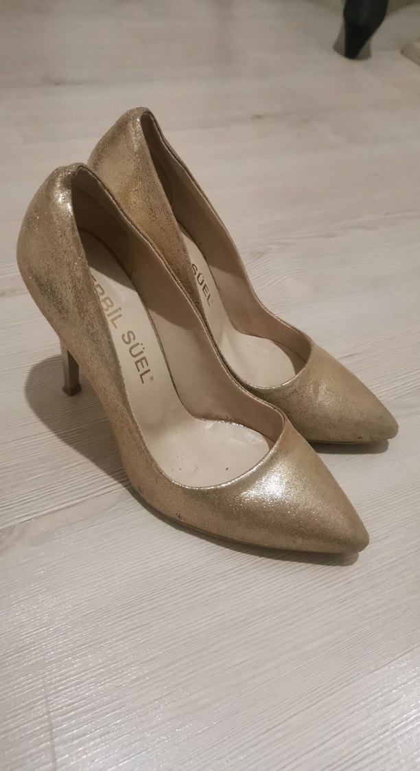 Altın Renkli Parlak Süet Stiletto - Görsel 3