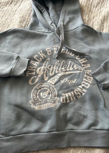 Mavi Kapüşonlu Baskılı Kadın Sweatshirt