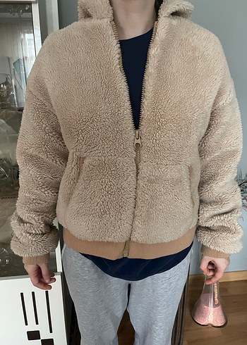 Bej Kapüşonlu Peluş Kadın Ceket - Görsel 5