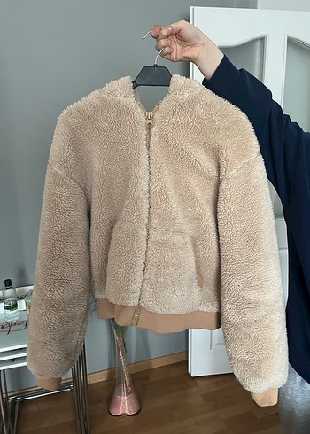 Bej Kapüşonlu Peluş Kadın Ceket - Görsel 2