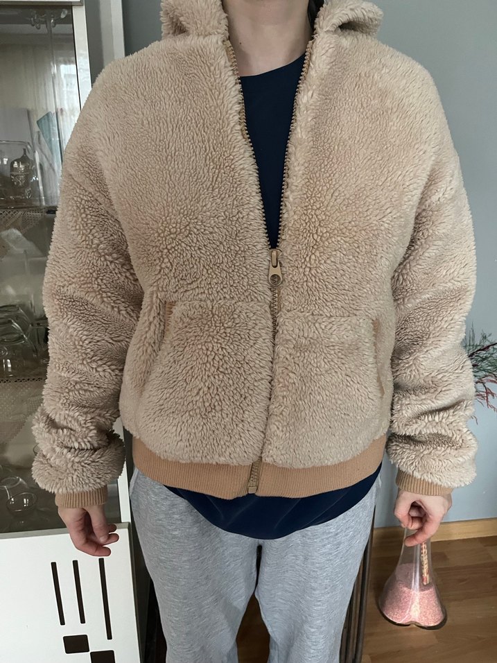 Bej Kapüşonlu Peluş Kadın Ceket - Görsel 5