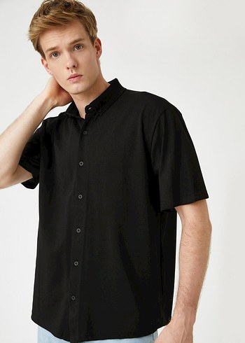 TWIN Siyah Kısa Kollu Pamuklu Erkek Gömlek - Görsel 2