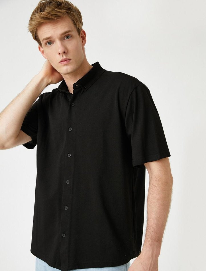TWIN Siyah Kısa Kollu Pamuklu Erkek Gömlek - Görsel 2