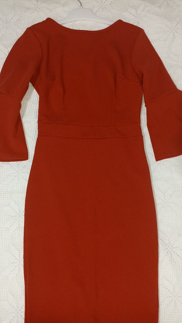 Kırmızı Uzun Kollu Kemerli Kadın Elbise - Görsel 4