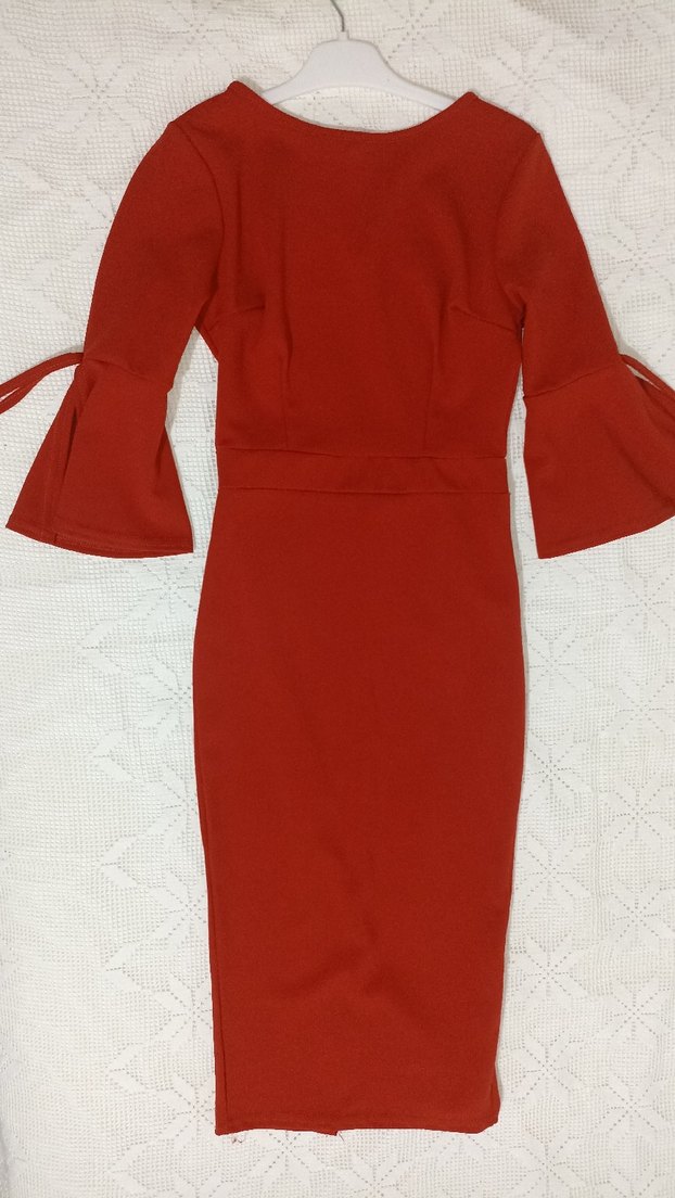 Kırmızı Uzun Kollu Kemerli Kadın Elbise - Görsel 3