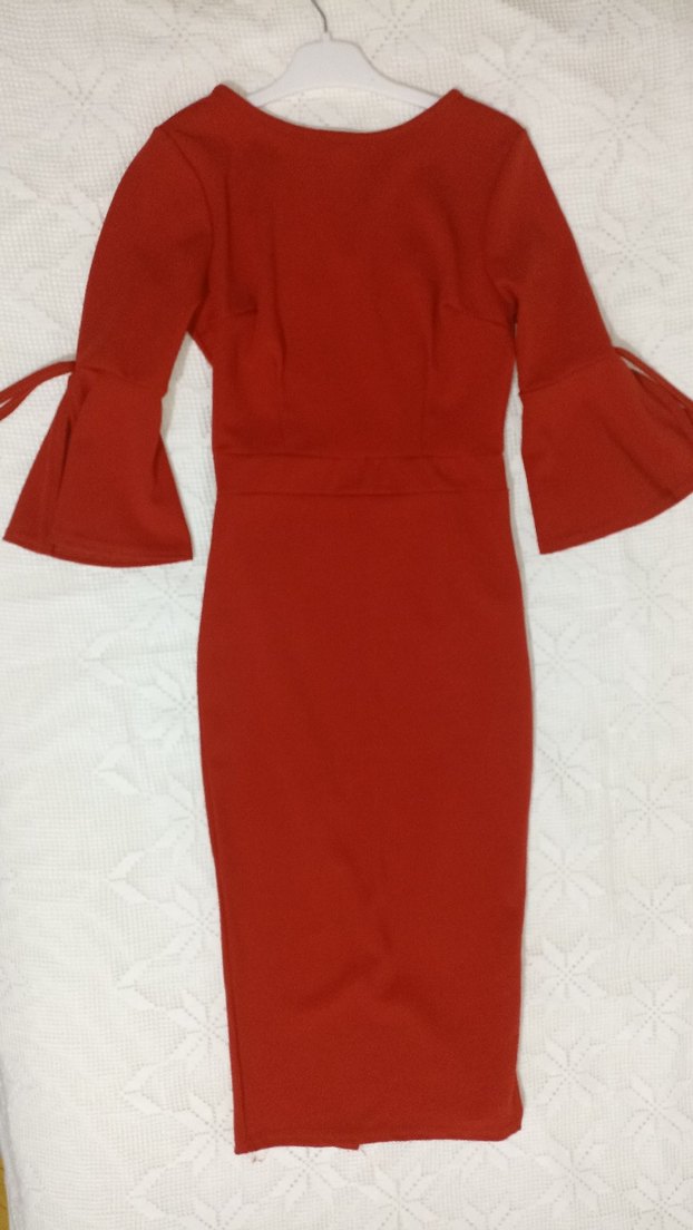 Kırmızı Uzun Kollu Kemerli Kadın Elbise - Görsel 2