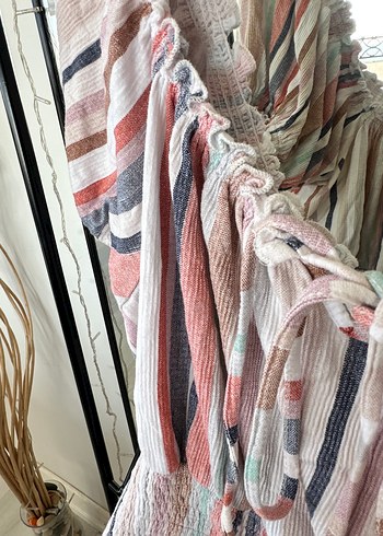 Bohem Çizgili Pilili Mini Bluz - Görsel 2