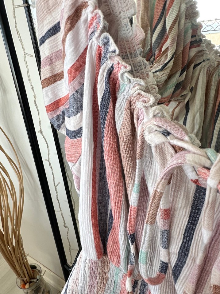 Bohem Çizgili Pilili Mini Bluz - Görsel 2