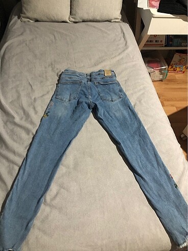 Zara Dar jean kot şık pantolon desenli çiçekli mavi - Görsel 5