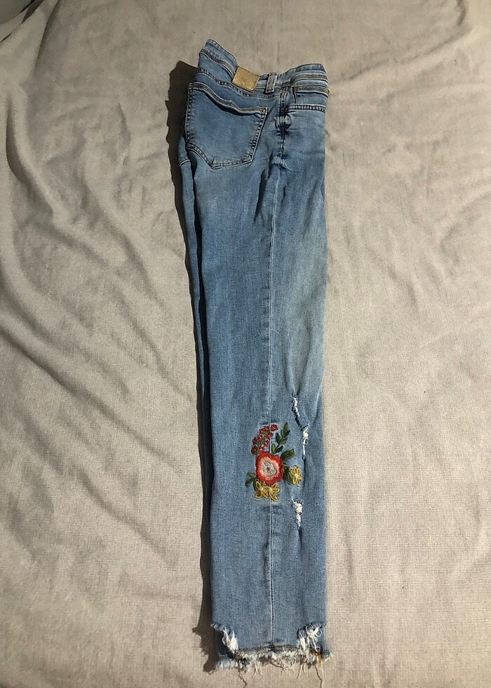 Zara Dar jean kot şık pantolon desenli çiçekli mavi - Görsel 4