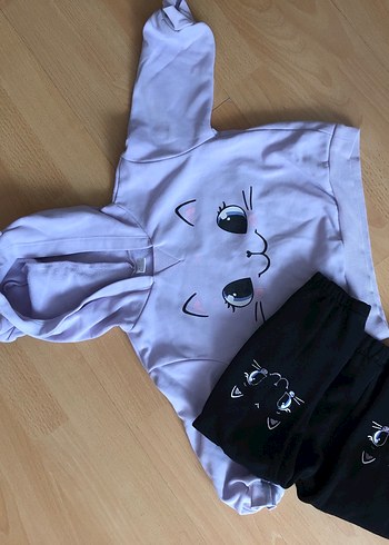 Gri Kapüşonlu Uzun Kollu Bebek Kız Takımı - Görsel 6