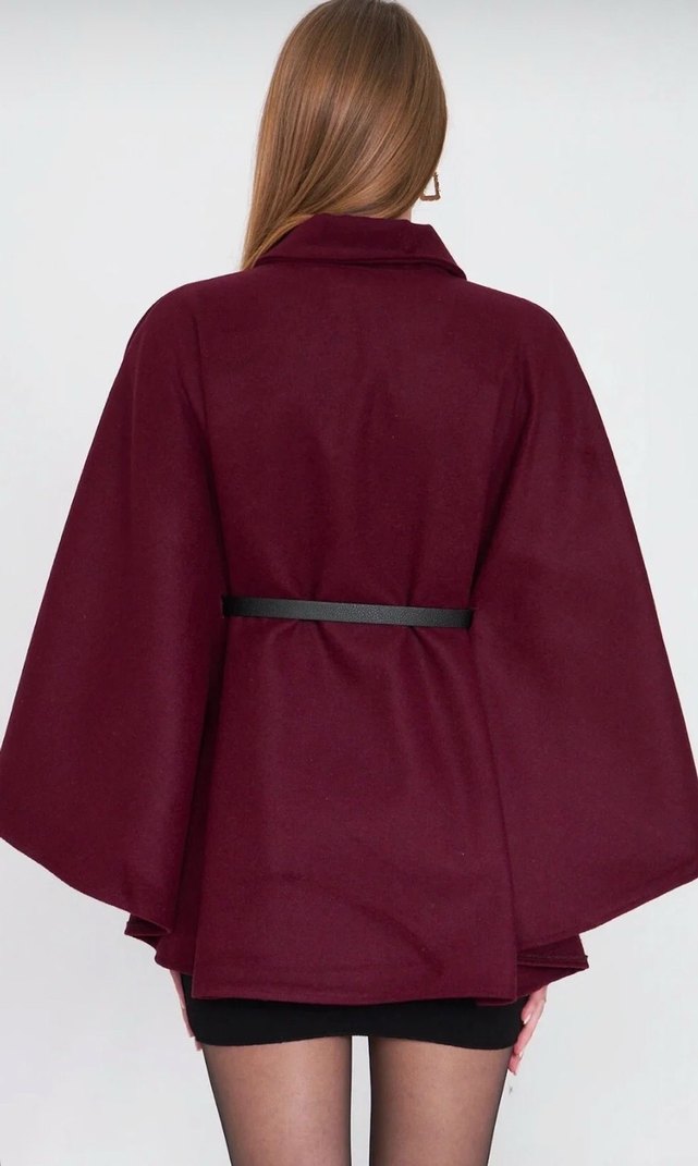 Bordo Kemerli Midi Kadın Pelerin - Görsel 2