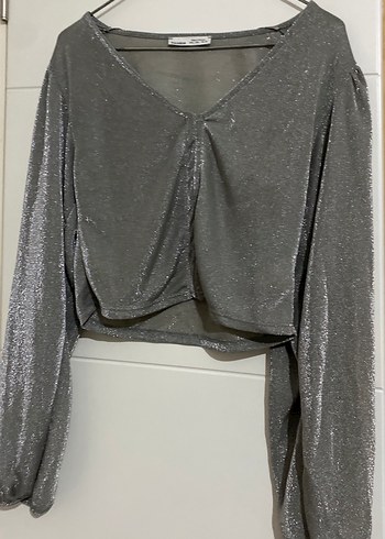 Gri Uzun Kollu V Yaka Drapeli Bluz - Görsel 2