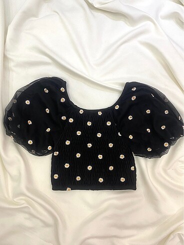 Papatyalı Balon Kol Crop Bluz