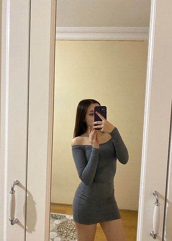 Gri Uzun Kollu Denim Midi Elbise - Görsel 3