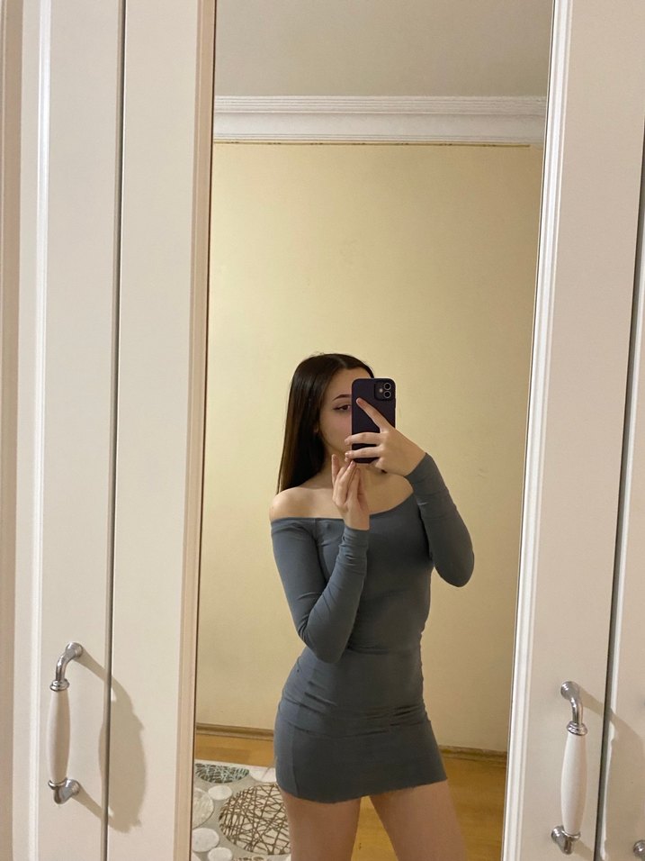 Gri Uzun Kollu Denim Midi Elbise - Görsel 3