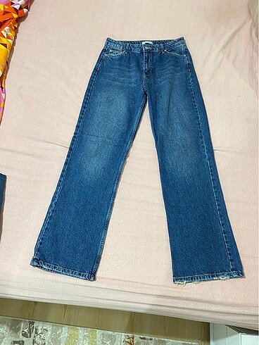 l Beden Lacivert yüksek bel wide leg jean