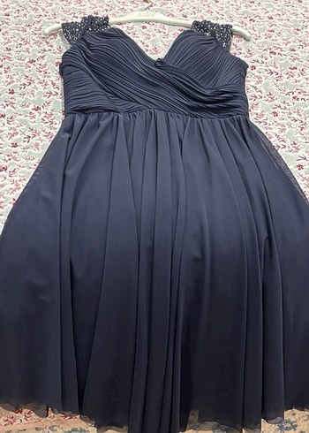 V Yaka Drapeli Lacivert midi boy Abiye Elbise - Görsel 3