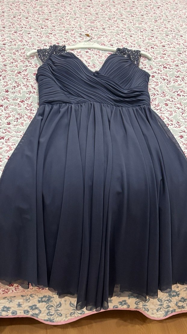 V Yaka Drapeli Lacivert midi boy Abiye Elbise - Görsel 3