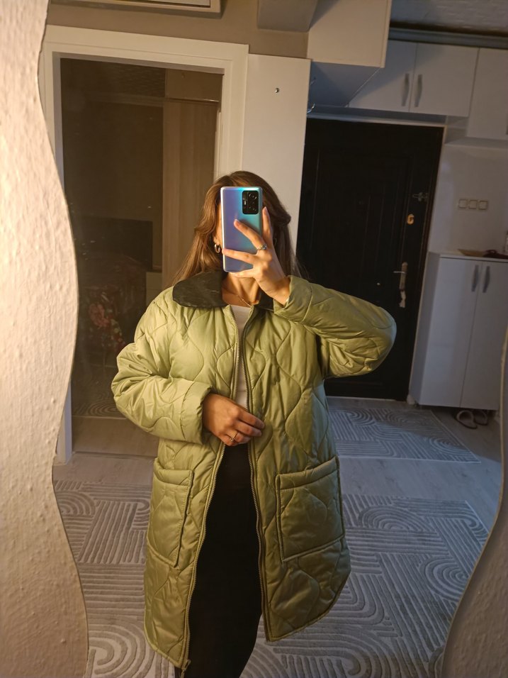 Kadın Kapitone Midi Kaban, Rahat Kesim, Haki - Görsel 2