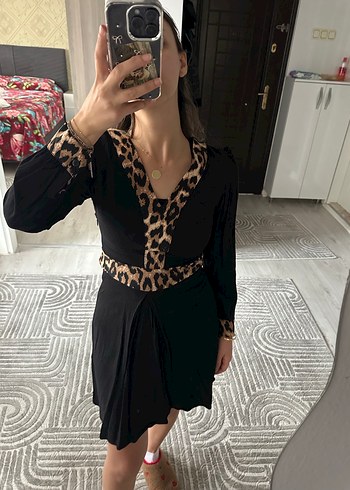 Leopar Desenli Siyah Midi Elbise - Görsel 2
