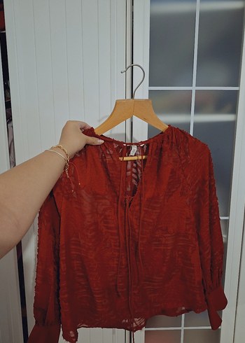H&M Kırmızı Bohem V Yaka Uzun Kollu Bluz