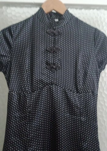 Düğmeli Siyah Puantiyeli Uzun Elbise - Görsel 2