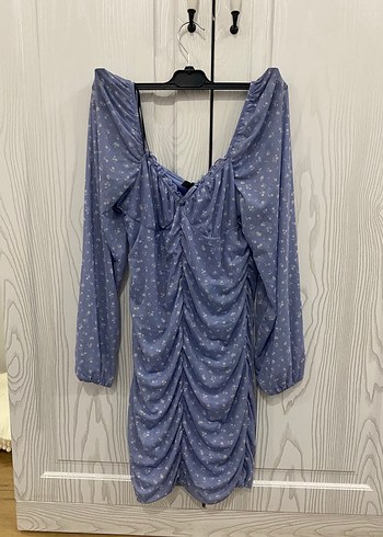 H&M Uzun Kollu V Yakalı Büzgülü Mavi Elbise