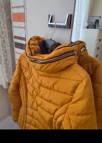 s Beden Sarı Midi Kadın Kışlık Kürklü Mont