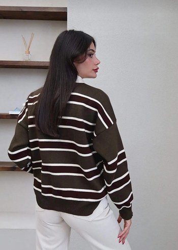 Kahverengi Çizgili Kadın Sweatshirt - Görsel 3