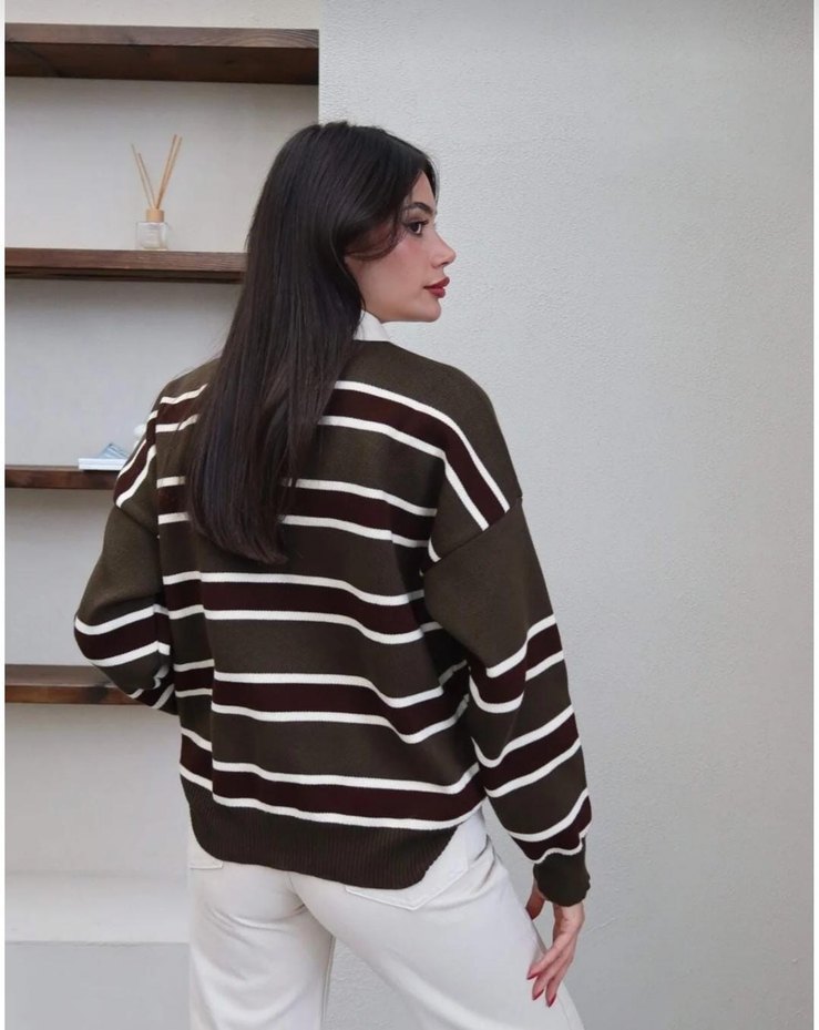 Kahverengi Çizgili Kadın Sweatshirt - Görsel 3
