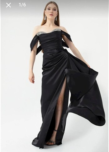 Taş İşlemeli Siyah Uzun Abiye Elbise - Görsel 2