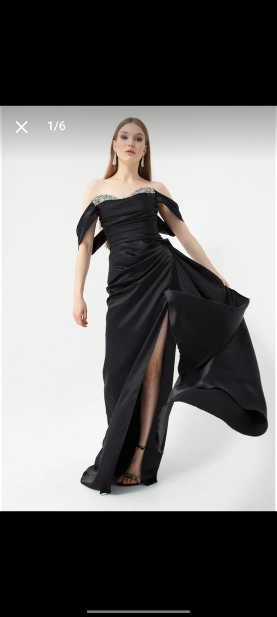 Taş İşlemeli Siyah Uzun Abiye Elbise - Görsel 2