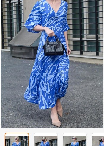 Mavi V Yakalı Salaş Uzun Elbise - Görsel 4