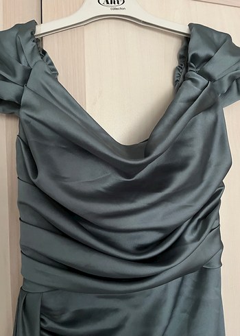 Gri Drapeli V Yakalı Uzun Abiye Elbise - Görsel 5