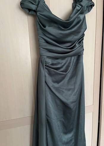 Gri Drapeli V Yakalı Uzun Abiye Elbise - Görsel 2