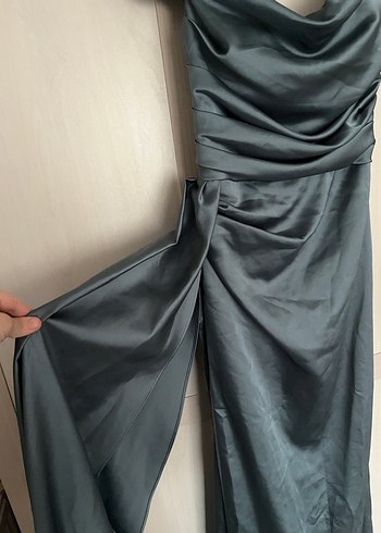 Gri Drapeli V Yakalı Uzun Abiye Elbise - Görsel 4