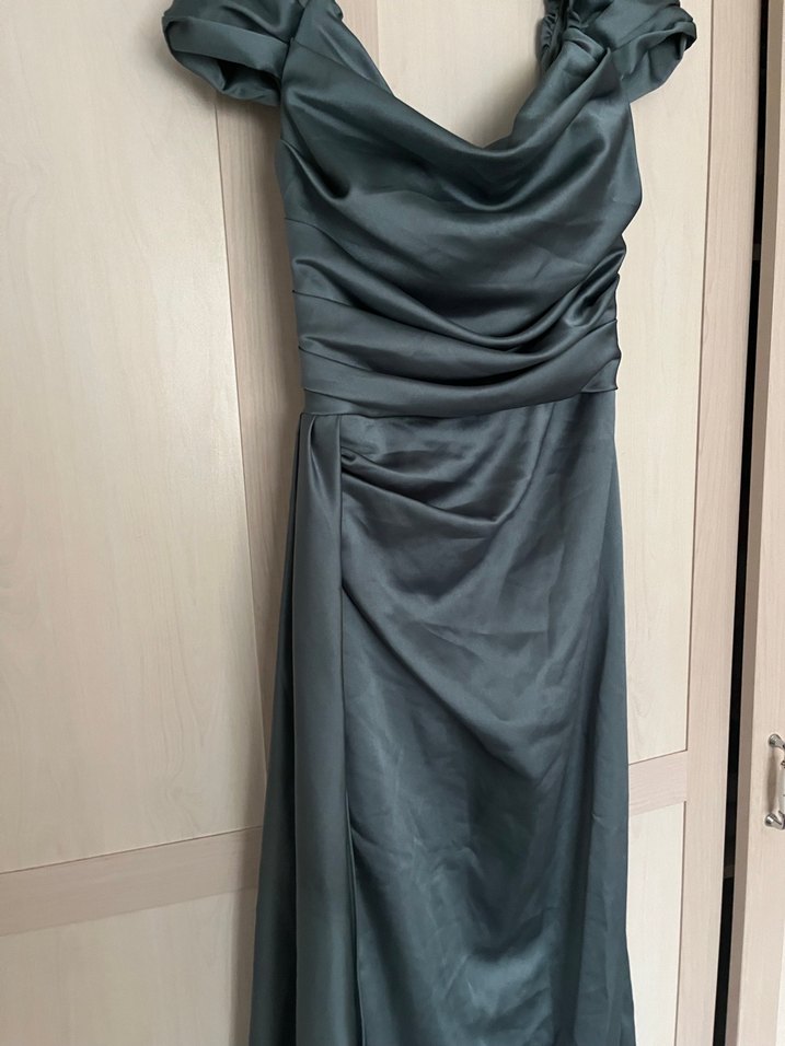 Gri Drapeli V Yakalı Uzun Abiye Elbise - Görsel 2