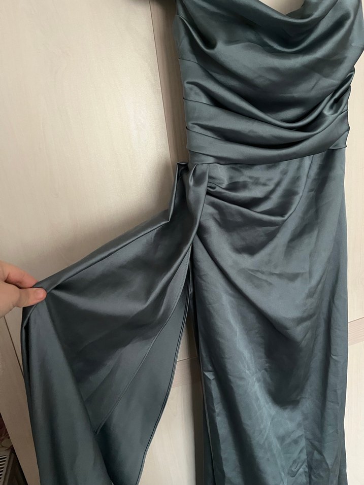 Gri Drapeli V Yakalı Uzun Abiye Elbise - Görsel 4