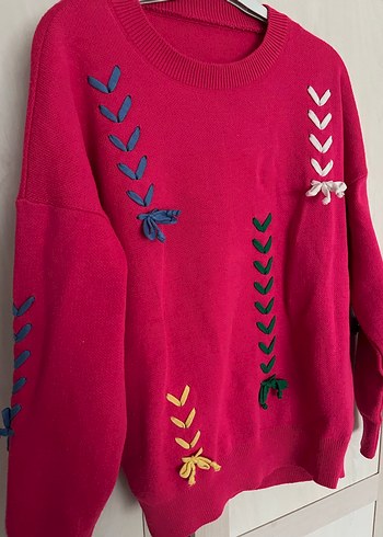 Nakışlı Pembe Kadın Triko Kazak - Görsel 2